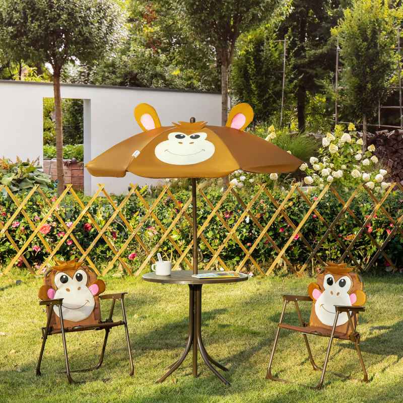 Outsunny Kids Bistro Table and Chair Set, Outdoor Folding Garden Furniture w/Monkey Design, Removable, Adjustable Sun Umbrella, Ages 3-6 Years - Brown
