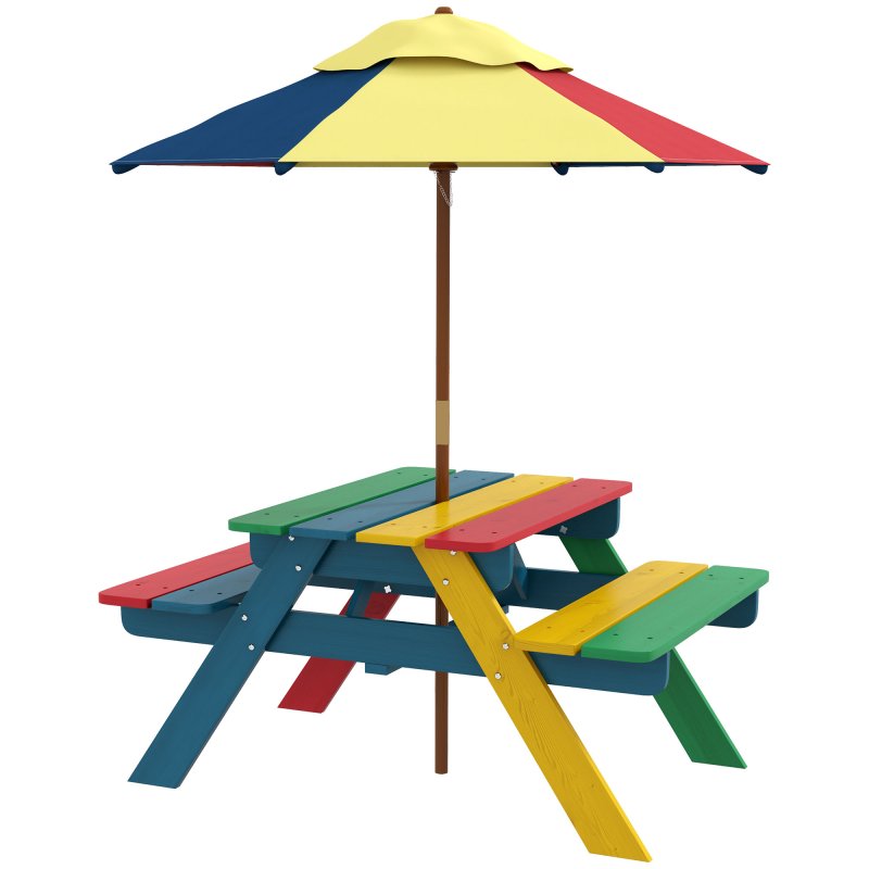 Outsunny Kids Picnic Table Wooden Garden Furniture Bench with Removable Umbrella Outdoor, for Ages 3-6 Years - Multicoloured