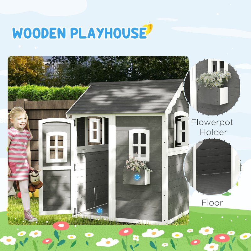 Outsunny Wooden Playhouse for Kids Outdoor Wendy House Indoor with Doors, windows, Plant Box, Floors, for 3-8 Years, for Garden, Lawn, Patio - Grey