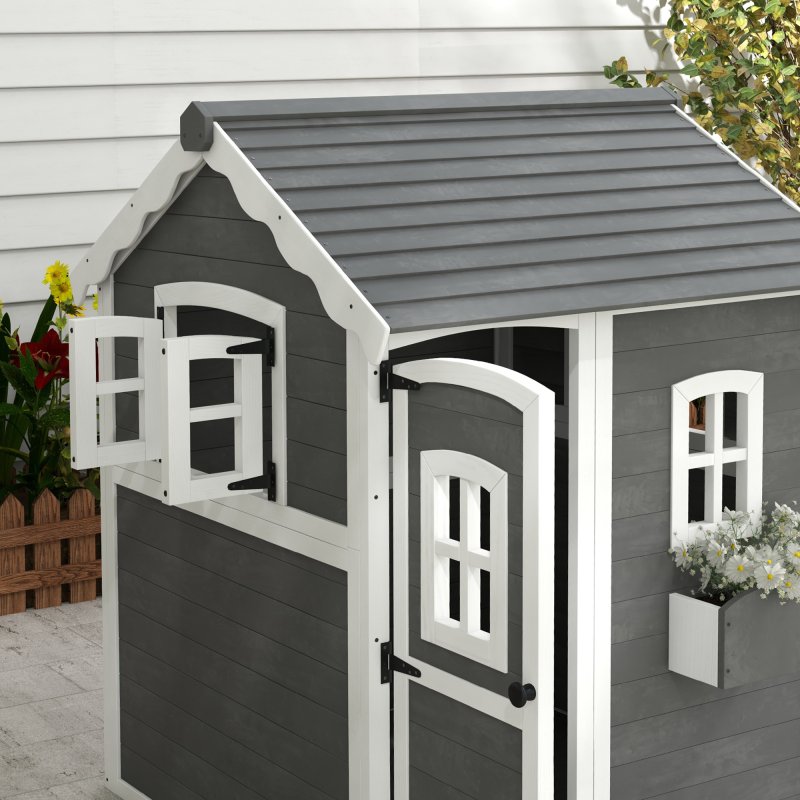 Outsunny Wooden Playhouse for Kids Outdoor Wendy House Indoor with Doors, windows, Plant Box, Floors, for 3-8 Years, for Garden, Lawn, Patio - Grey