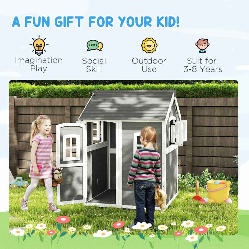 Outsunny Wooden Playhouse for Kids Outdoor Wendy House Indoor with Doors, windows, Plant Box, Floors, for 3-8 Years, for Garden, Lawn, Patio - Grey
