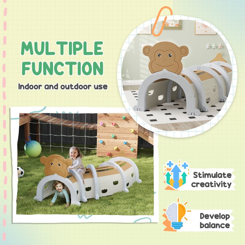 AIYAPLAY Play Tunnel, Kids Tunnel for Crawl and Climb, Monkey Design Kids Play Tunnel, Indoor, Outdoor Baby Tunnel for Ages 3-6 Years, Brown