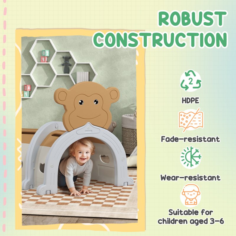 AIYAPLAY Play Tunnel, Kids Tunnel for Crawl and Climb, Monkey Design Kids Play Tunnel, Indoor, Outdoor Baby Tunnel for Ages 3-6 Years, Brown