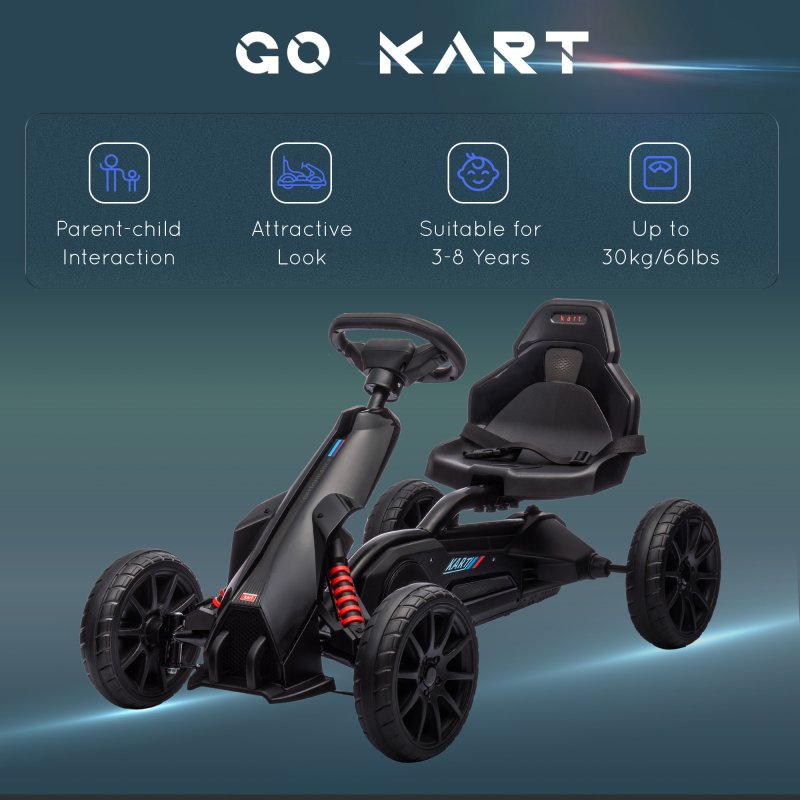 HOMCOM Children Pedal Go Kart, Kids Ride On Race with Adjustable Seat, Swing Axle, Shock Absorption EVA Tyres, Handbrake, for Ages 3-8 Years, Black