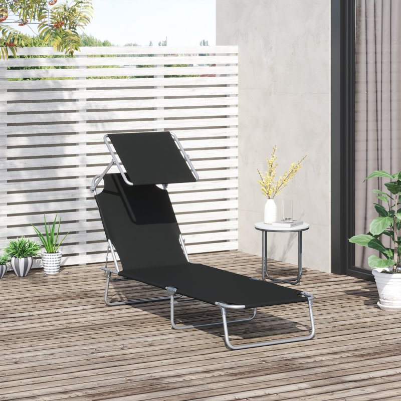Outsunny Outdoor Foldable Sun Lounger, 4 Level Adjustable Backrest Reclining Sun Lounger Chair with Angle Adjust Sun Shade Awning for Beach, Garden, Patio, Black
