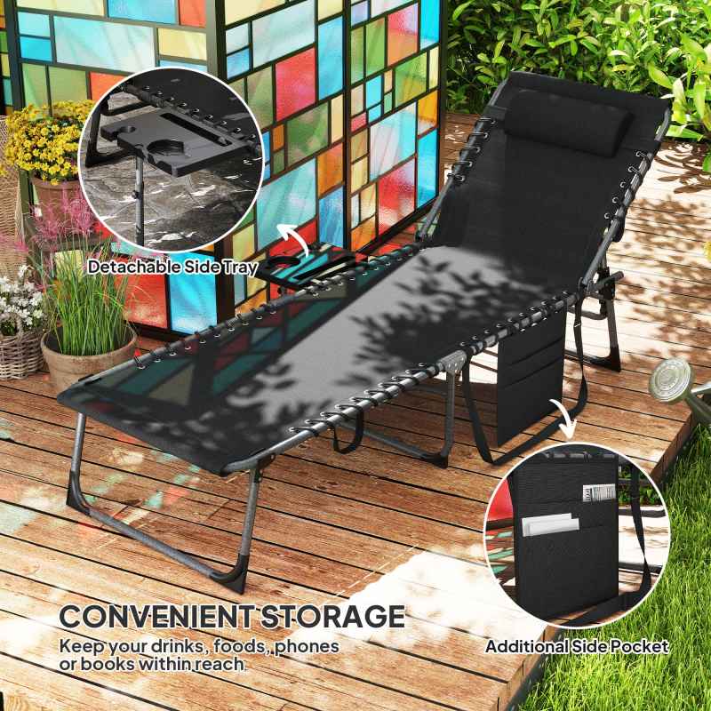 Outsunny Folding Sun Lounger with Side Table, 5-Level Adjustable Reclining Sun Lounger Chair, Portable Garden Recliner Sunbed with Side Pocket, Head Pillow for Patio, Beach, Black