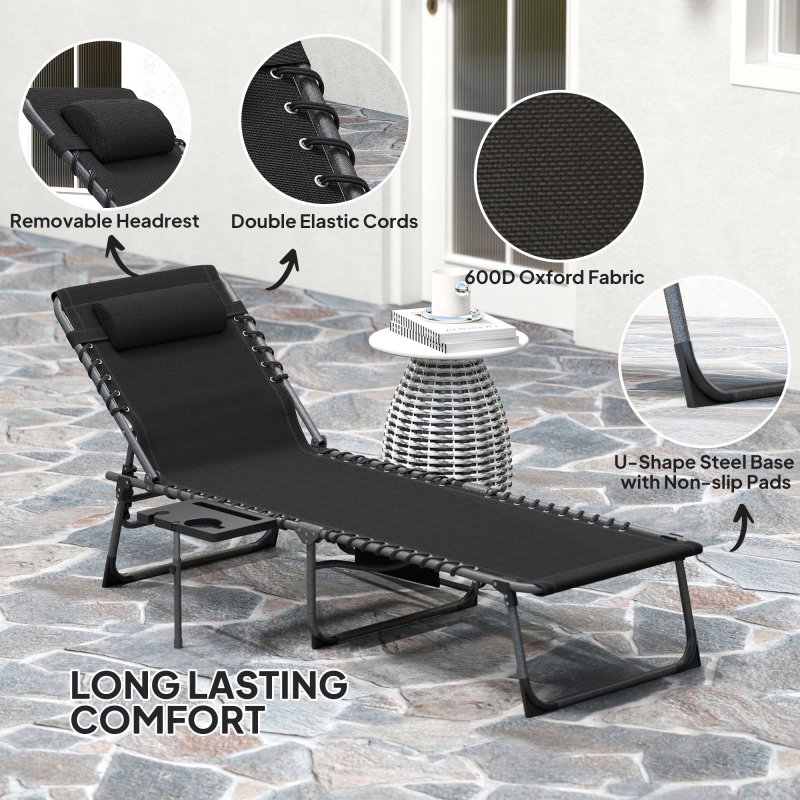 Outsunny Folding Sun Lounger with Side Table, 5-Level Adjustable Reclining Sun Lounger Chair, Portable Garden Recliner Sunbed with Side Pocket, Head Pillow for Patio, Beach, Black