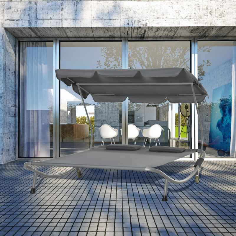 Outsunny Double Sun Lounger with Adjustable Detachable Canopy, Portable Garden Daybed for 2 with Wheels, Outdoor Sunbed Hammock with 2 Pillows, 220 KG Max. Load, Grey