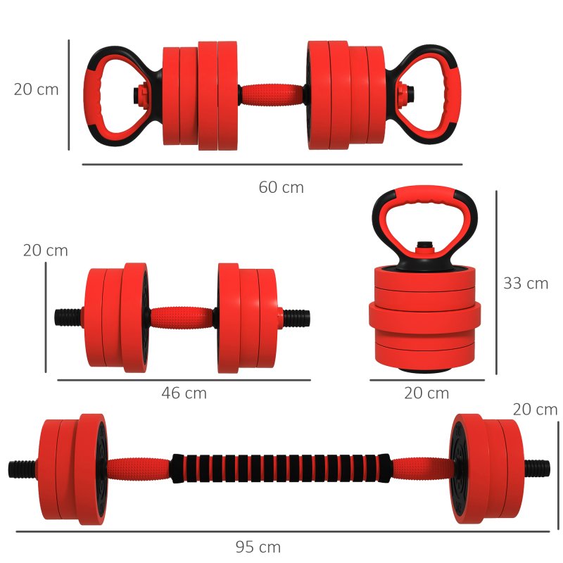 SPORTNOW 4-in-1 Adjustable Weight Dumbbells Set, Used as Barbell, Kettlebell, Push up Stand, Free Weights Set for Men and Women Home Gym Training, 20KG, Red