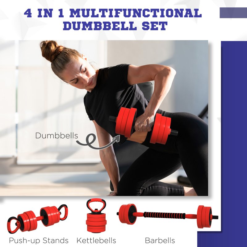 SPORTNOW 4-in-1 Adjustable Weight Dumbbells Set, Used as Barbell, Kettlebell, Push up Stand, Free Weights Set for Men and Women Home Gym Training, 20KG, Red