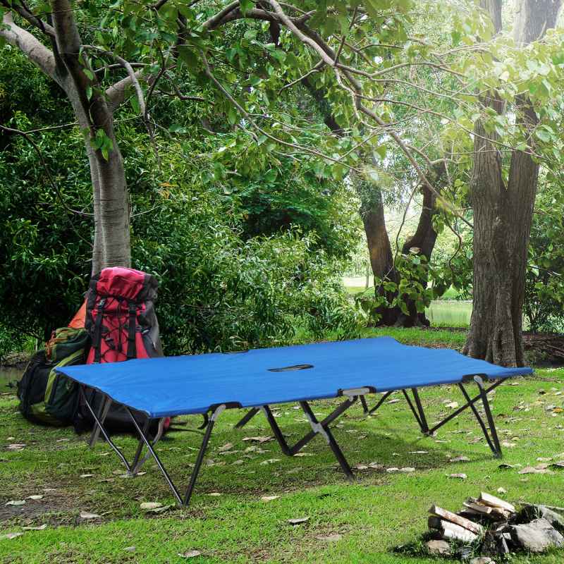 Outsunny Double Camping Bed Camping Cot Foldable Sunbed Outdoor Patio Sleeping Bed Super Light with Carry Bag (Blue)