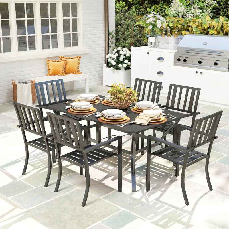 Outsunny 7 Pieces Garden Dining Set with Stackable Chairs, 6 Seater Metal Garden Furniture Set, Outdoor Metal Top Patio Table with Umbrella Hole, Black