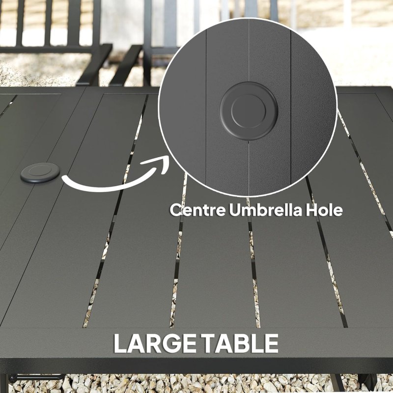 Outsunny 7 Pieces Garden Dining Set with Stackable Chairs, 6 Seater Metal Garden Furniture Set, Outdoor Metal Top Patio Table with Umbrella Hole, Black