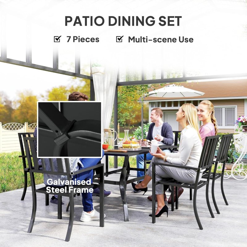 Outsunny 7 Pieces Garden Dining Set with Stackable Chairs, 6 Seater Metal Garden Furniture Set, Outdoor Metal Top Patio Table with Umbrella Hole, Black