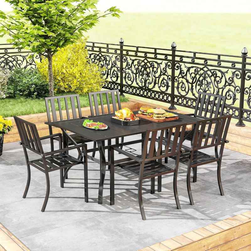 Outsunny 7 Pieces Garden Dining Set with Stackable Chairs, 6 Seater Metal Garden Furniture Set, Outdoor Metal Top Patio Table with Umbrella Hole, Black