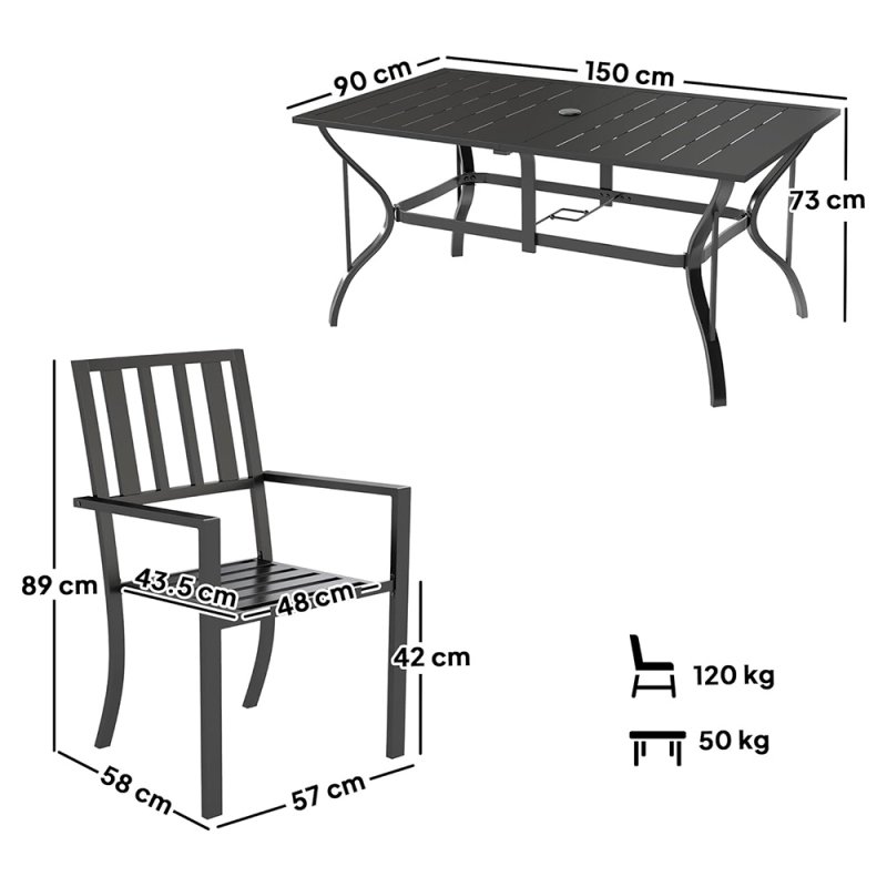 Outsunny 7 Pieces Garden Dining Set with Stackable Chairs, 6 Seater Metal Garden Furniture Set, Outdoor Metal Top Patio Table with Umbrella Hole, Black