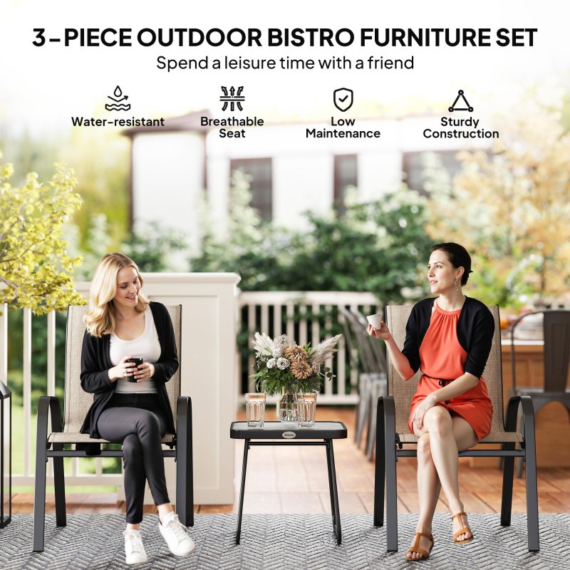 Outsunny 3 Pieces Outdoor Bistro Set, Patio Stackable Armchairs with Breathable Mesh Fabric and SPC Board Coffee Table, Brown