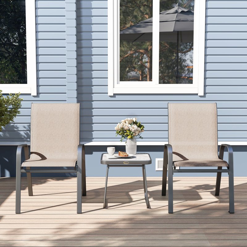 Outsunny 3 Pieces Outdoor Bistro Set, Patio Stackable Armchairs with Breathable Mesh Fabric and SPC Board Coffee Table, Brown