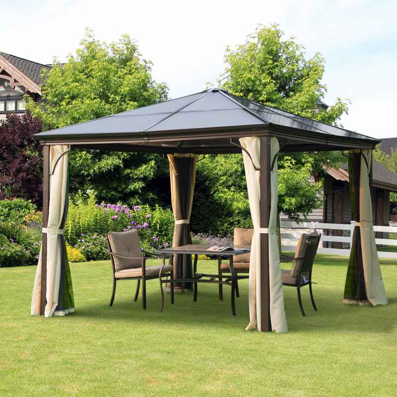 Outsunny 3 x 3(m) Hardtop Gazebo Canopy with Polycarbonate Roof and Aluminium Frame, Garden Pavilion with Mosquito Netting and Curtains, Brown
