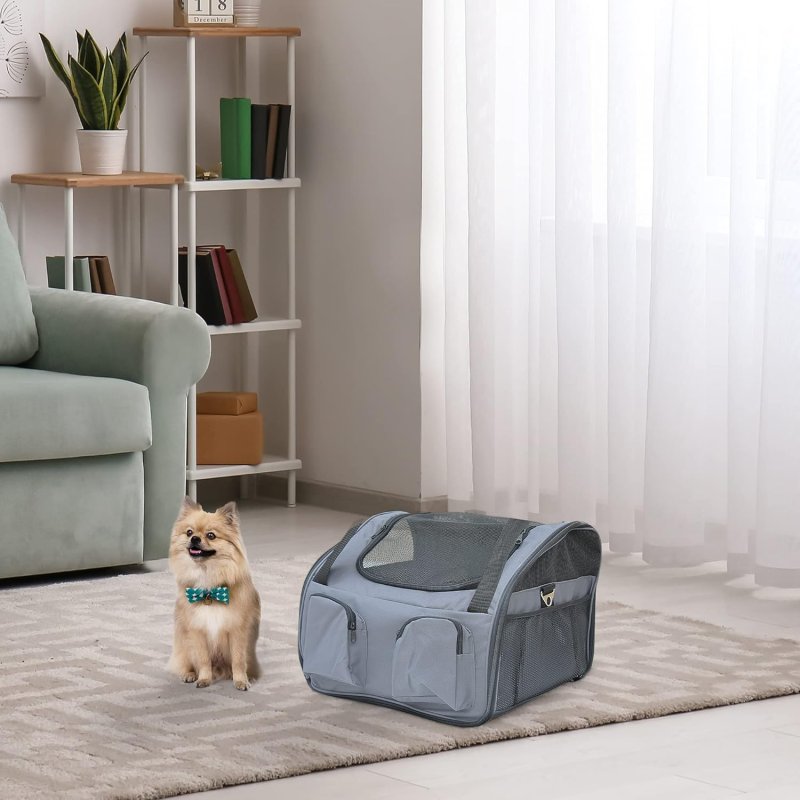 PawHut Pet Carrier Folding Bag Car Seat Cat Dog Puppy Kennel Portable Travel Cage Tote Case Mesh Holder House Grey