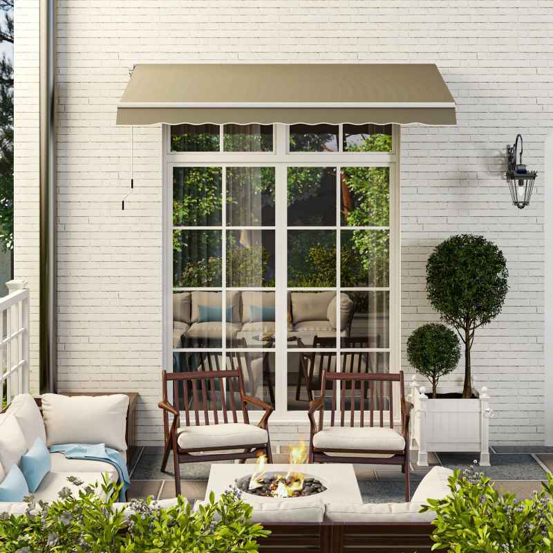 Outsunny 2.5m x 2m Retractable Awning, DIY Garden Awning Canopy, Anti-UV Sun Shade Shelter with Aluminium Frame and Crank Handle, Khaki