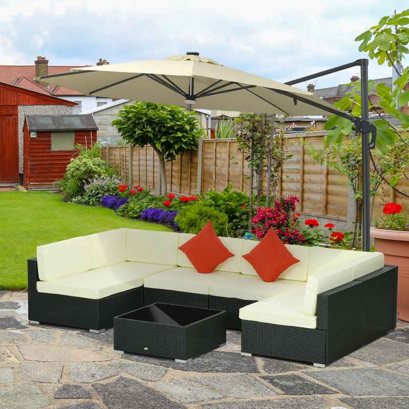 Outsunny 7 Pieces PE Rattan Garden Furniture Set with Thick Padded Cushion, Patio Garden Corner Sofa Sets with Glass Coffee Table and Pillows, Buckle Structure, Black