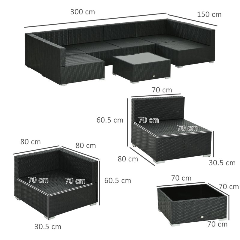 Outsunny 7 Pieces PE Rattan Garden Furniture Set with Thick Padded Cushion, Patio Garden Corner Sofa Sets with Glass Coffee Table and Pillows, Buckle Structure, Black