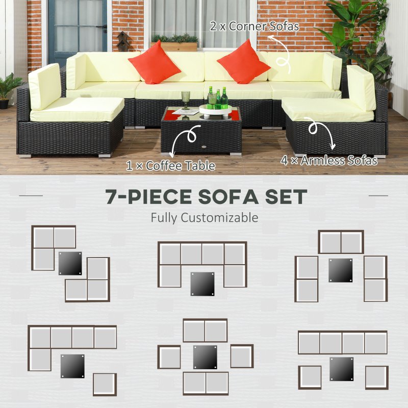 Outsunny 7 Pieces PE Rattan Garden Furniture Set with Thick Padded Cushion, Patio Garden Corner Sofa Sets with Glass Coffee Table and Pillows, Buckle Structure, Black