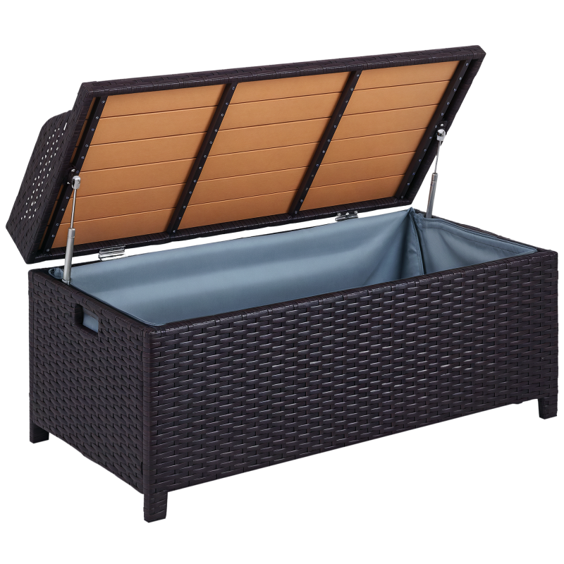 Outsunny PE Rattan Outdoor Storage Bench, Aluminium Garden Bench with Storage Underneath w/ Zipped Inner Lining, Rods for Deck, Mixed Brown