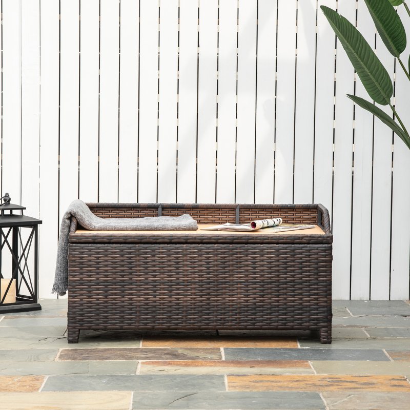 Outsunny PE Rattan Outdoor Storage Bench, Aluminium Garden Bench with Storage Underneath w/ Zipped Inner Lining, Rods for Deck, Mixed Brown