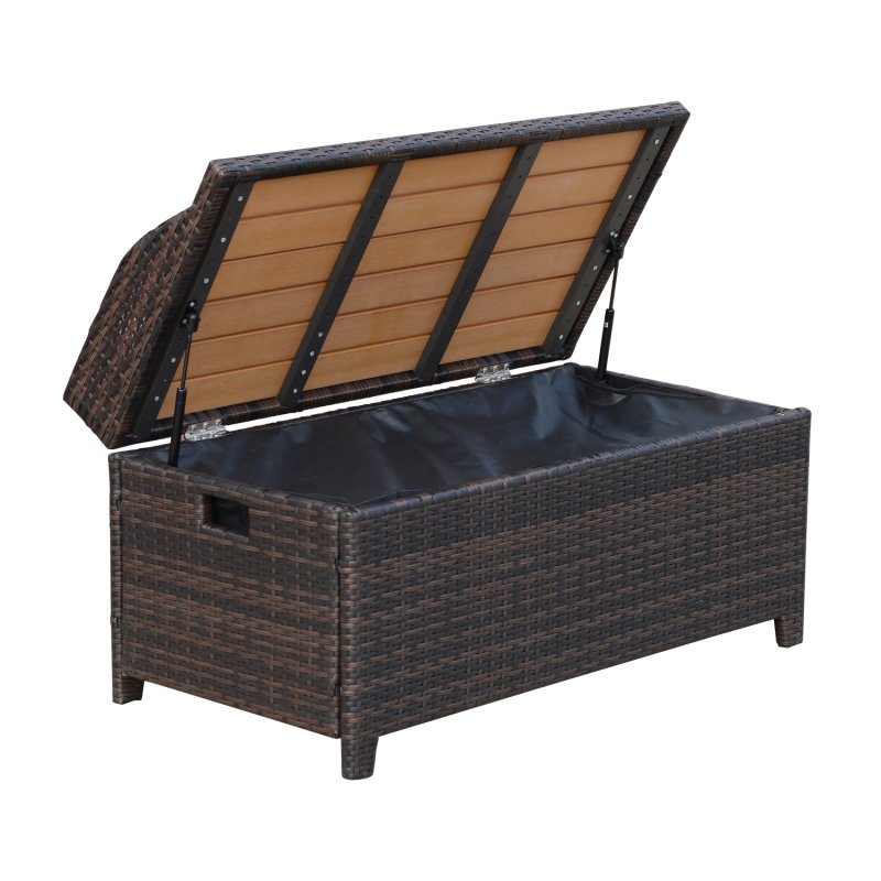 Outsunny PE Rattan Outdoor Storage Bench, Aluminium Garden Bench with Storage Underneath w/ Zipped Inner Lining, Rods for Deck, Mixed Brown