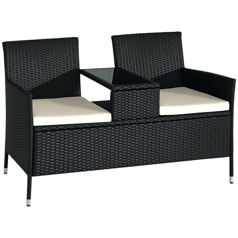 Outsunny 2 Seater Rattan Campanion Chair Wicker Loveseat Outdoor Patio Armchair with Drink Table Garden Furniture - Black