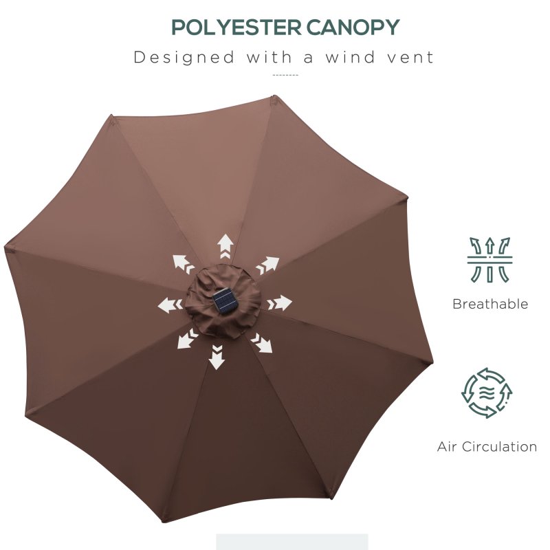 Outsunny Φ2.7m Garden 24 LED Light Parasol Solar Outdoor Tilt Sun Umbrella Patio Club Party Event Manual Sun Shade w/ Hand Crank and 8 Ribs, Brown