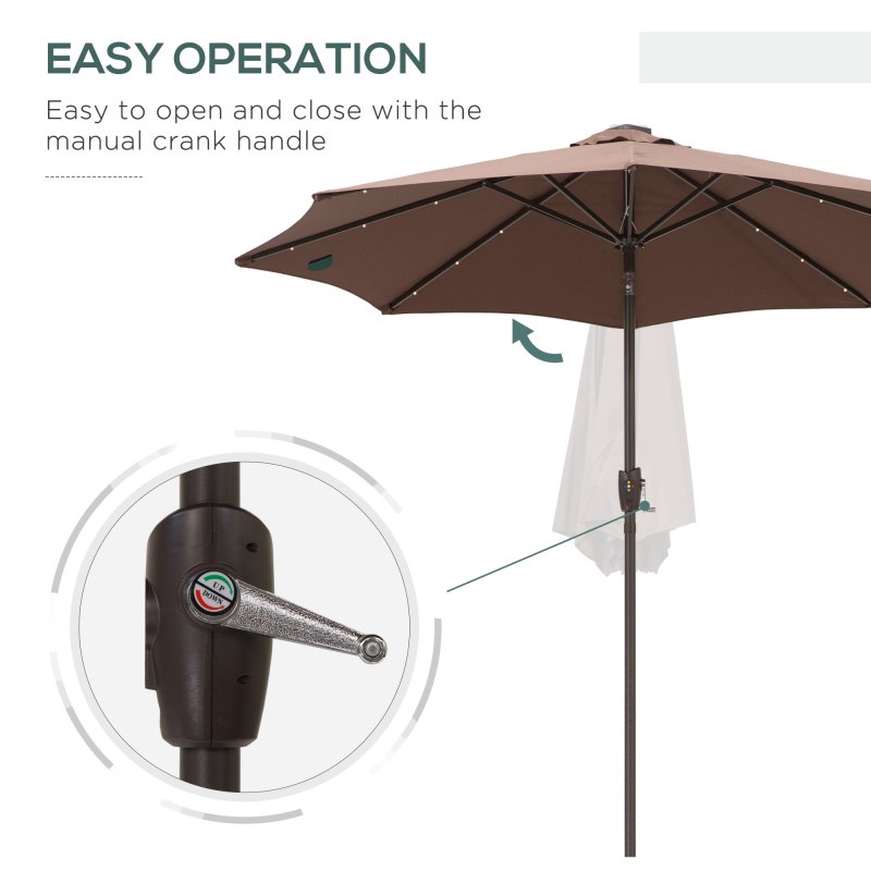 Outsunny Φ2.7m Garden 24 LED Light Parasol Solar Outdoor Tilt Sun Umbrella Patio Club Party Event Manual Sun Shade w/ Hand Crank and 8 Ribs, Brown