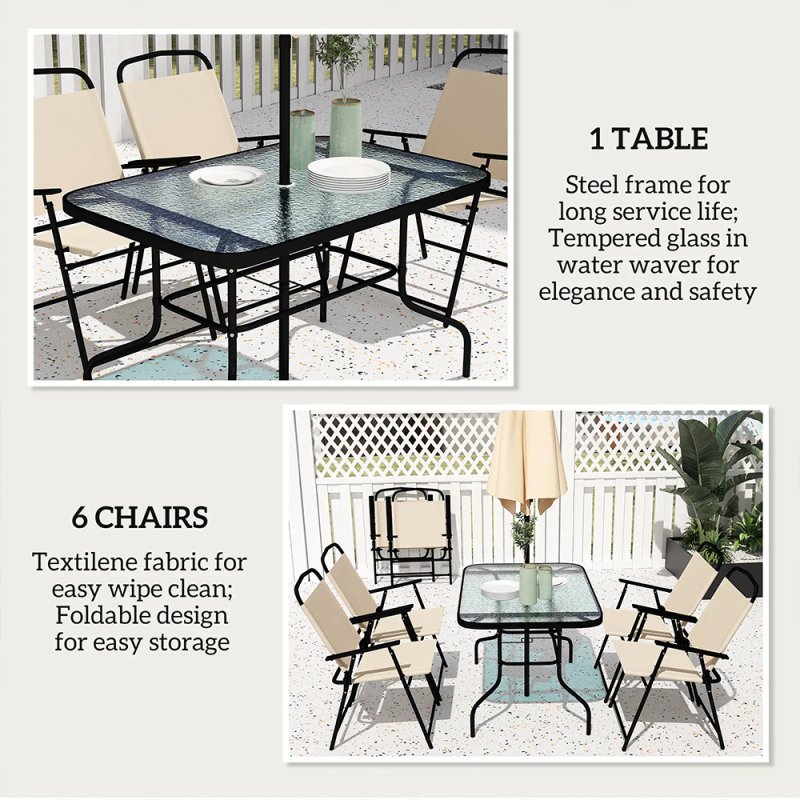 Outsunny 8 Pieces Dining Set with Parasol 6 Folding Texteline Chairs and Tempere Glass Table Beige
