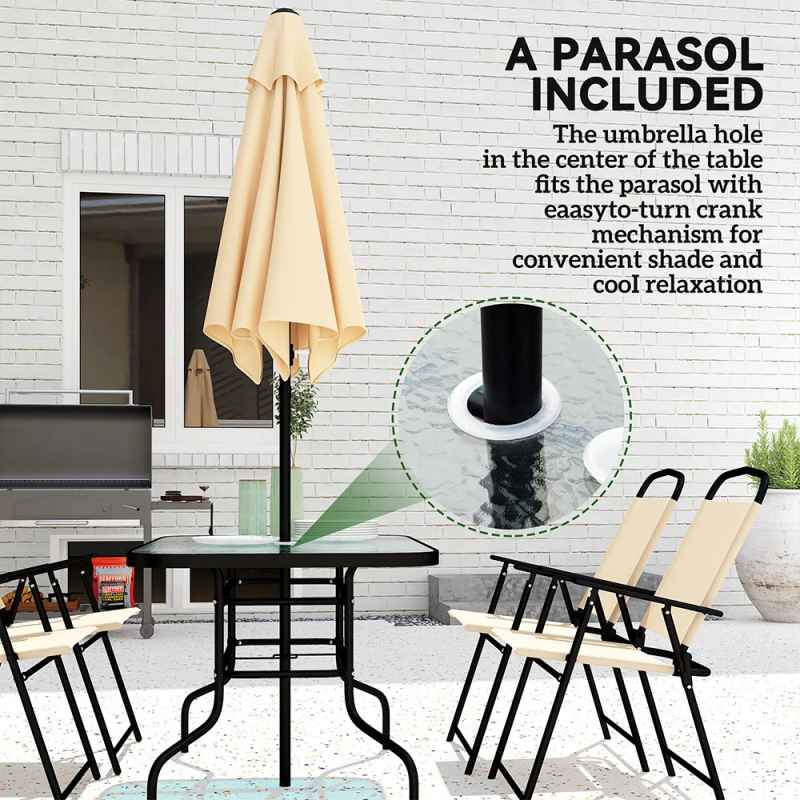 Outsunny 8 Pieces Dining Set with Parasol 6 Folding Texteline Chairs and Tempere Glass Table Beige