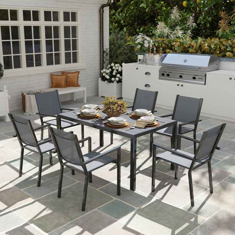 Outsunny 7 Piece Garden Dining Set, Outdoor Furniture Set with 6 Stackable Chairs and 150 cm Rectangle Table, WPC Slatted Top, Rust-Resistant Steel Frame, for Garden, Porch, Terrace