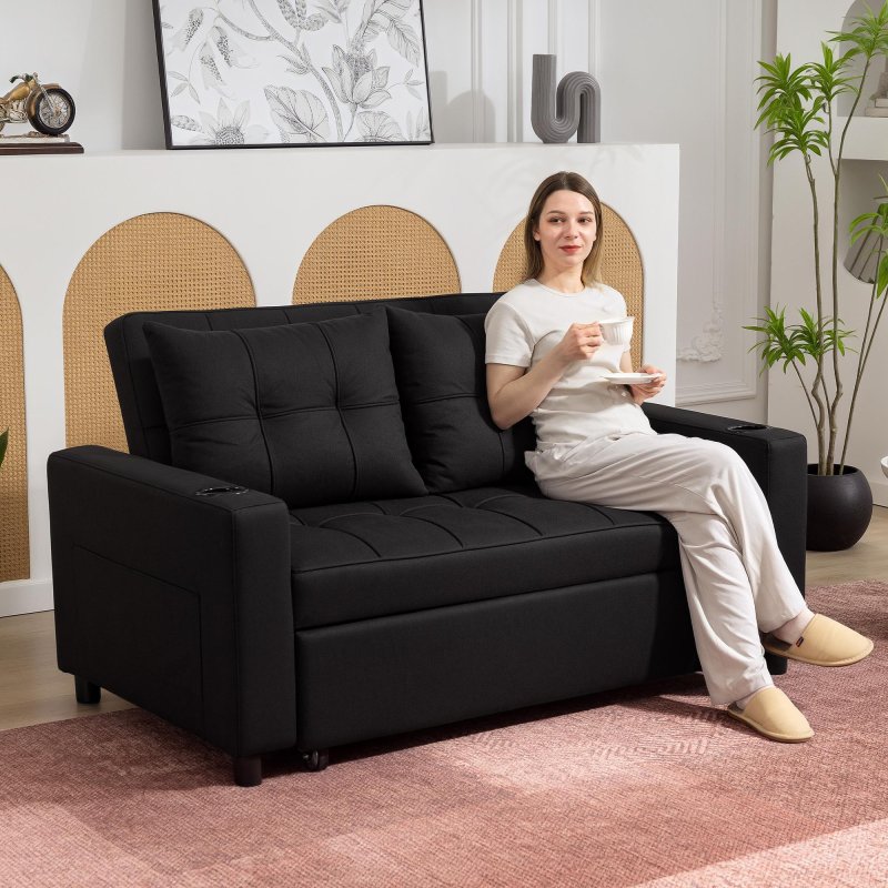 HOMCOM 2 Seater Sofa Bed with Adjustable Backrest and Cup Holders ...