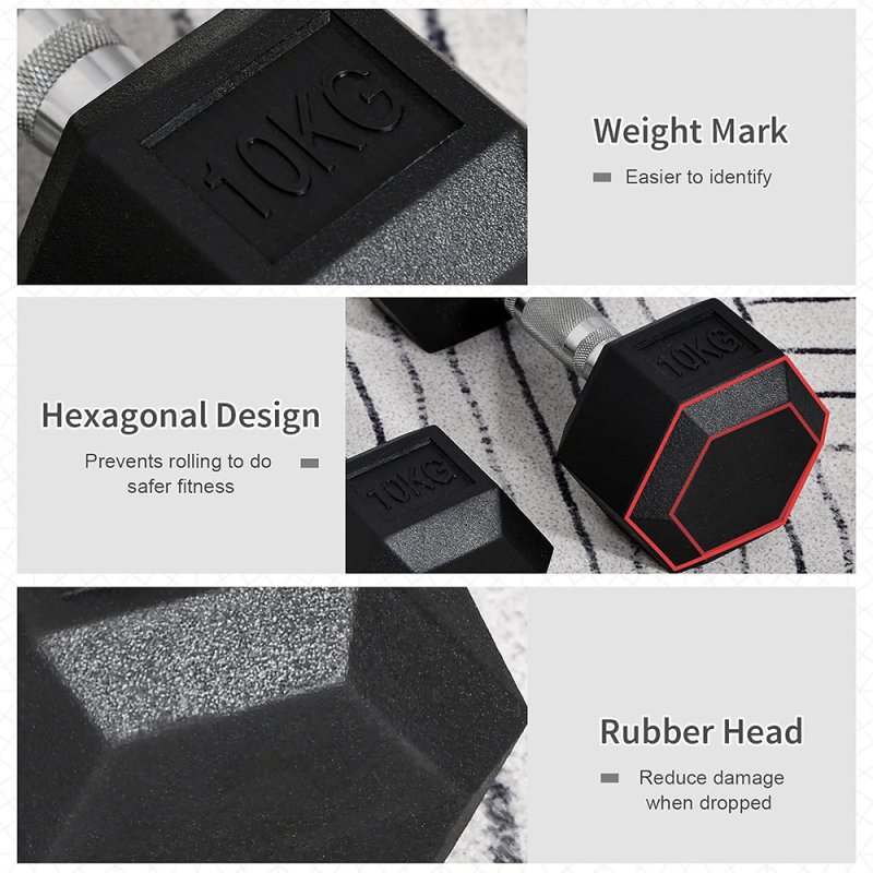 HOMCOM Rubber Dumbbell Sports Hex Weights Sets Home Gym Fitness Hexagonal Dumbbells Kit Weight Lifting Exercise (2 x 10kg)