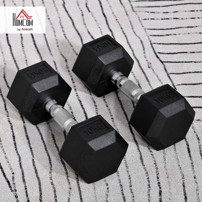HOMCOM Rubber Dumbbell Sports Hex Weights Sets Home Gym Fitness Hexagonal Dumbbells Kit Weight Lifting Exercise (2 x 10kg)