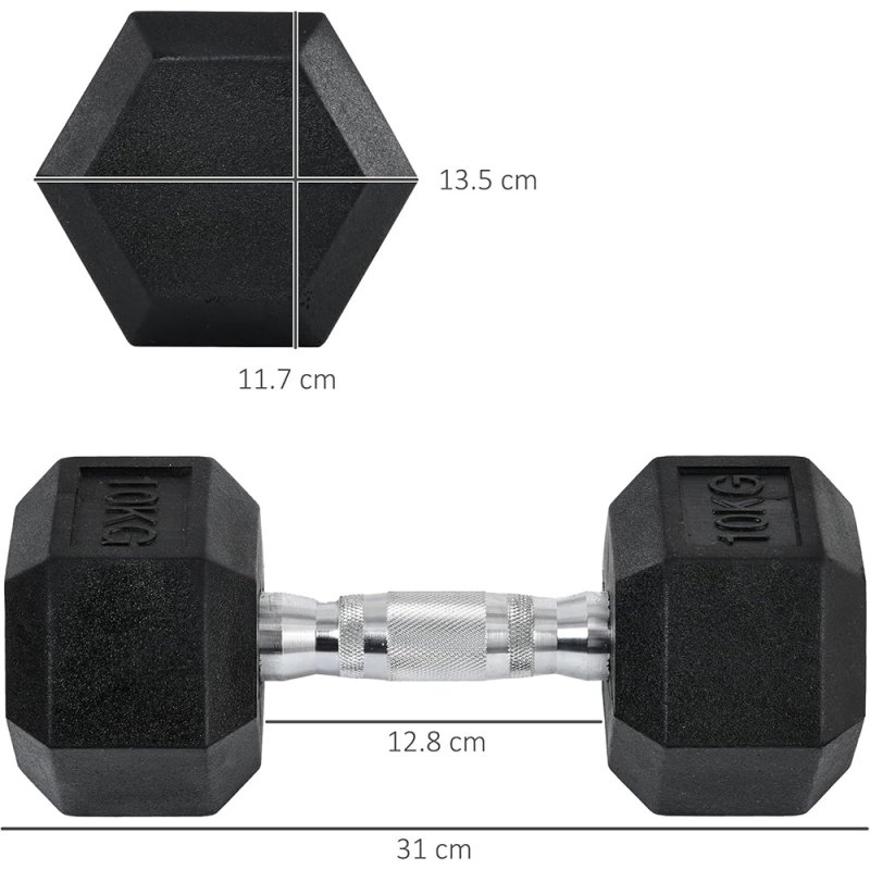 HOMCOM Rubber Dumbbell Sports Hex Weights Sets Home Gym Fitness Hexagonal Dumbbells Kit Weight Lifting Exercise (2 x 10kg)