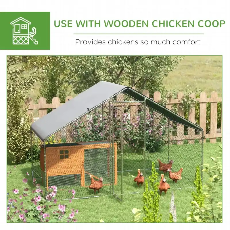 PawHut Walk In Chicken Run Galvanized Chicken Coop Hen Poultry House Cage Rabbit Hutch Pet Playpen Backyard With Water-Resist Cover, 3 x 2 x 2m