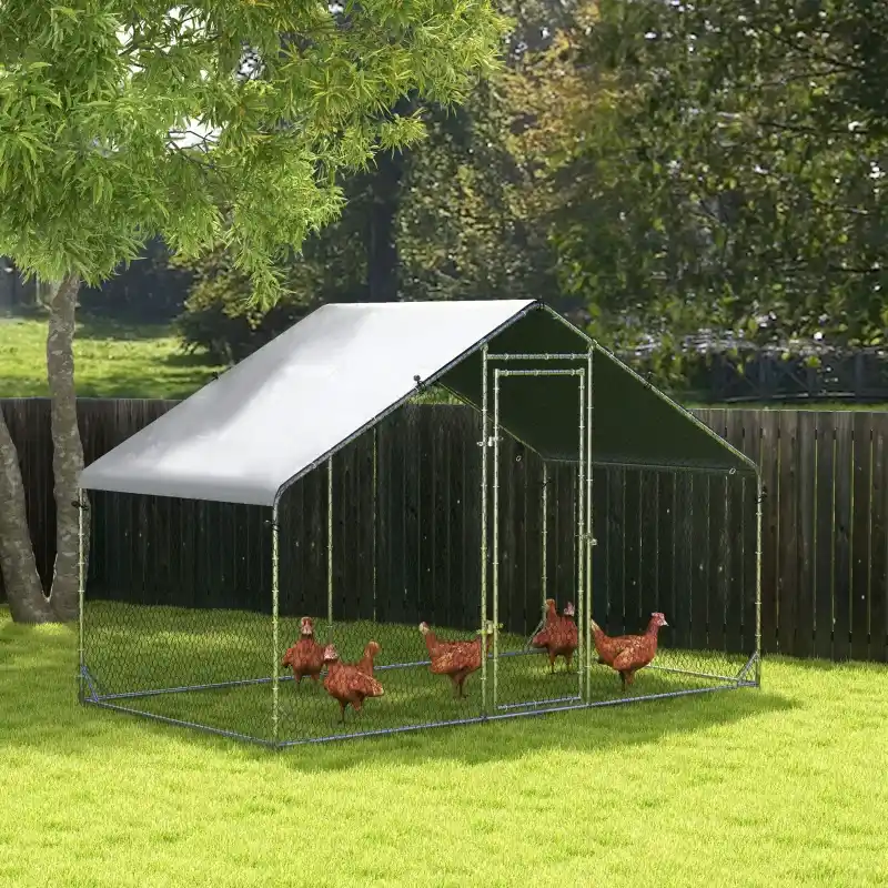 PawHut Walk In Chicken Run Galvanized Chicken Coop Hen Poultry House Cage Rabbit Hutch Pet Playpen Backyard With Water-Resist Cover, 3 x 2 x 2m