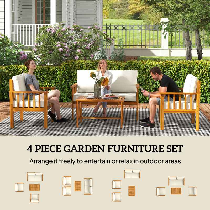 Outsunny 4 Piece Garden Furniture Set, 4 Seater Acacia Wood Patio Conversation Set with 2 Chairs, Loveseat, Thick Cushions and Coffee Table, Slat Design, Teak