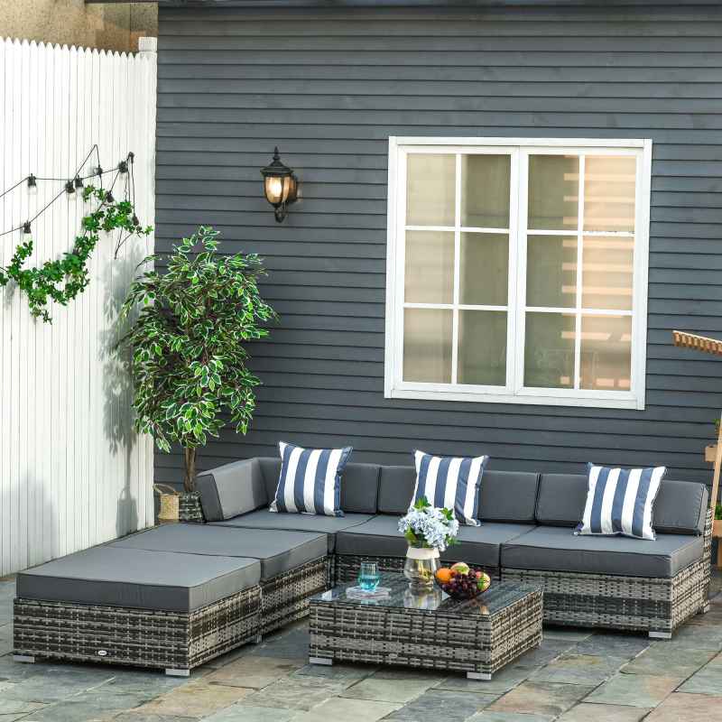 Outsunny 6 Pieces Rattan Garden Furniture Set, 5 Seater Garden Sofa Set with Thickened Cushions, Glass Top Coffee Table and Ottomans, Outdoor Sectional Conservatory Furniture with Pillows, Grey