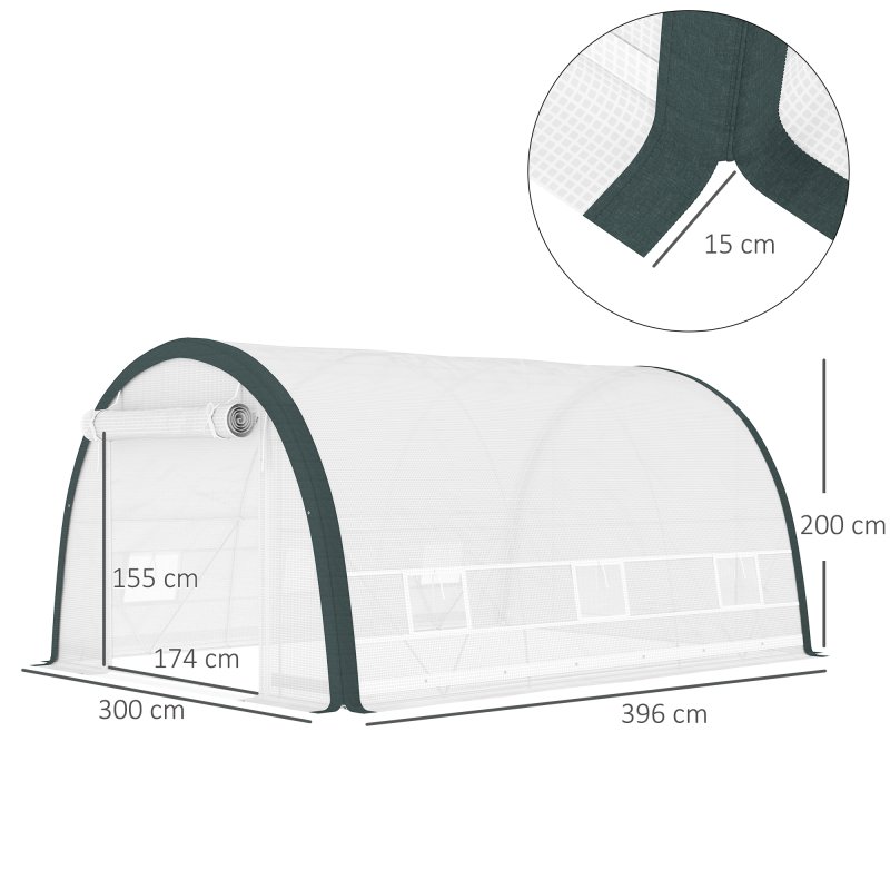 Outsunny 4 x 3(m) Walk-in Polytunnel Greenhouse with Upgraded Structure, Zipped Roll Up Mesh Door, 6 Mesh Windows, Tunnel Warm House Tent with PE Cover, 10 Plant Labels and Gloves, White