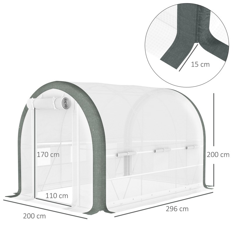 Outsunny 3 x 2(m) Walk-in Polytunnel Greenhouse with Upgraded Structure, Zipped Roll Up Mesh Door, 6 Mesh Windows, Tunnel Warm House Tent with PE Cover, 6 Plant Labels and Gloves, White
