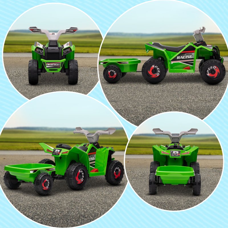 HOMCOM Electric Quad Bike, 6V Kids Ride On All Terrain Vehicle with Back Trailer for Ages 18-36 Months - Green
