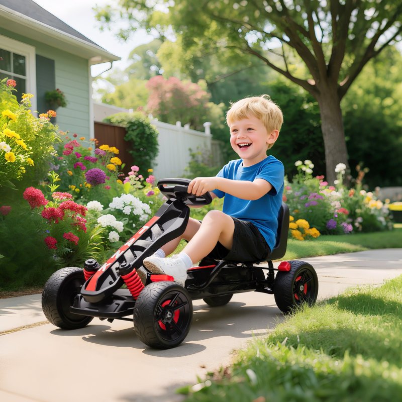 AIYAPLAY Pedal Go Kart, Ride on Racer with Freewheel System, Brake, Non-Slip EVA Wheels, Metal Frame, Go Kart for Kids Ages 3-6 Years, Red