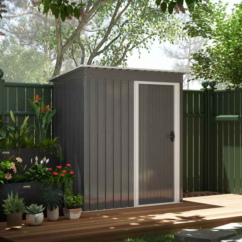 Outsunny 5 x 3ft Garden Storage Shed with Sliding Door and Sloped Roof, Lean to Outdoor Equipment Tool Shed for Garden, Light Grey